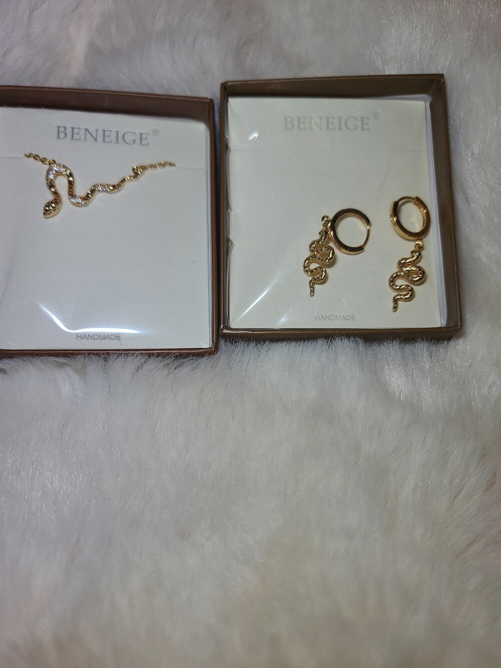 14k Gold Plated Beneige Gold Snake Drop Earrings and Necklace - Gold
